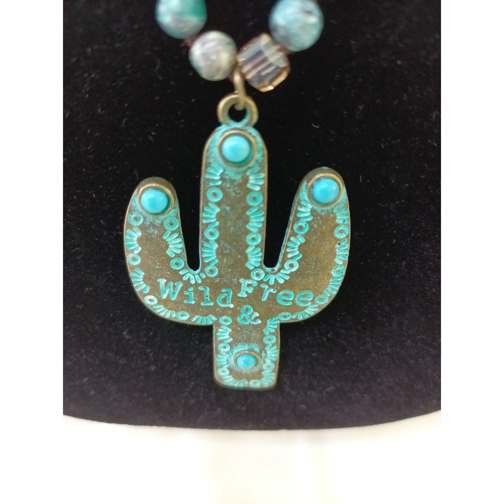Wild & Free Cactus Pendant Beaded Necklace Turquoise Bronze Boho Southwestern - Picture 3 of 9